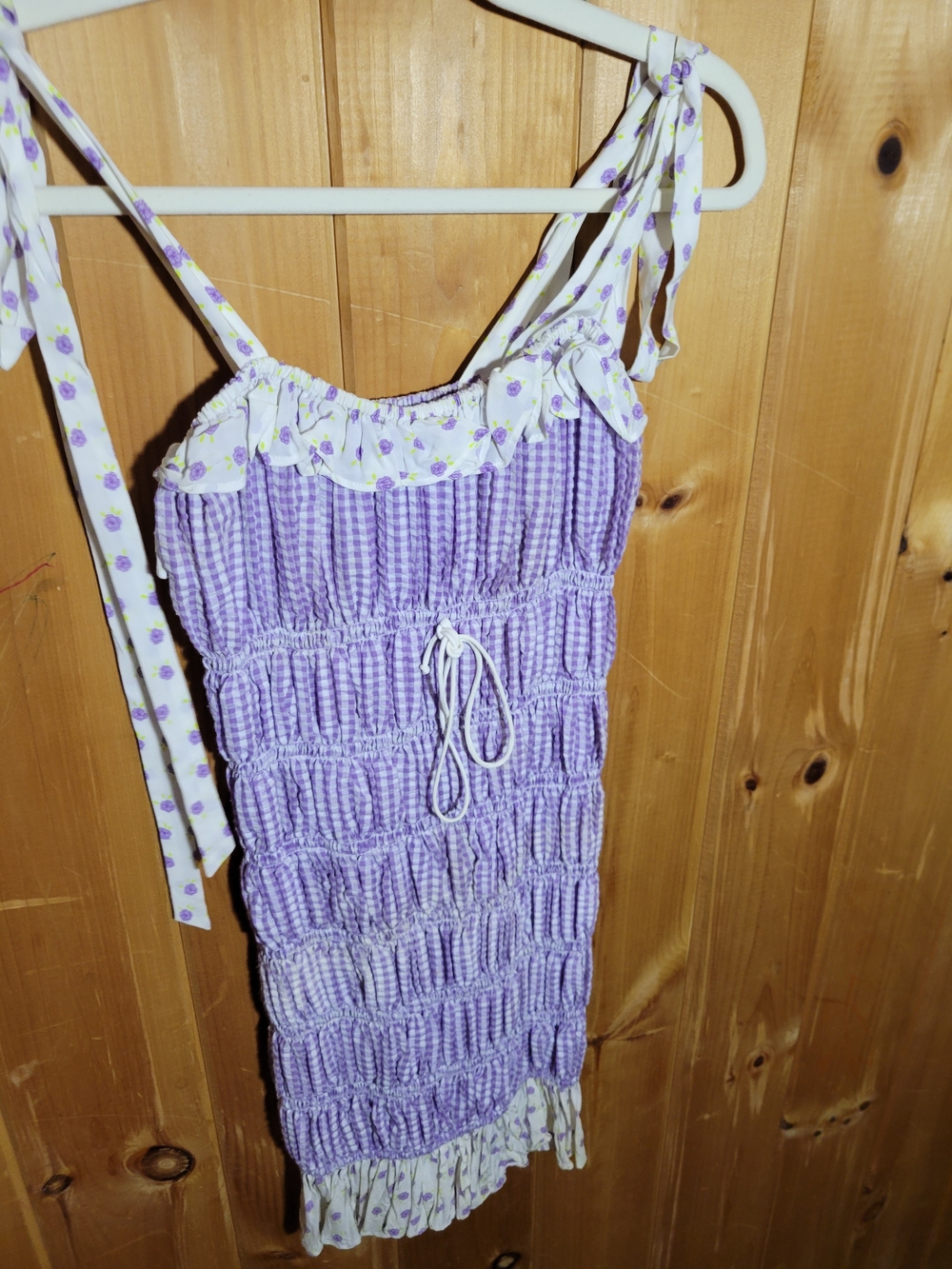 For Love & Lemons Lavender Gingham Mini Dress with Floral Trim